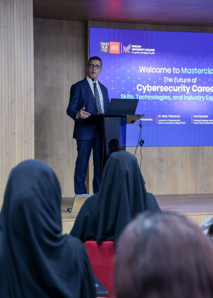 Speaker presenting to students at the Future of Cybersecurity Careers Masterclass at Barzan University College